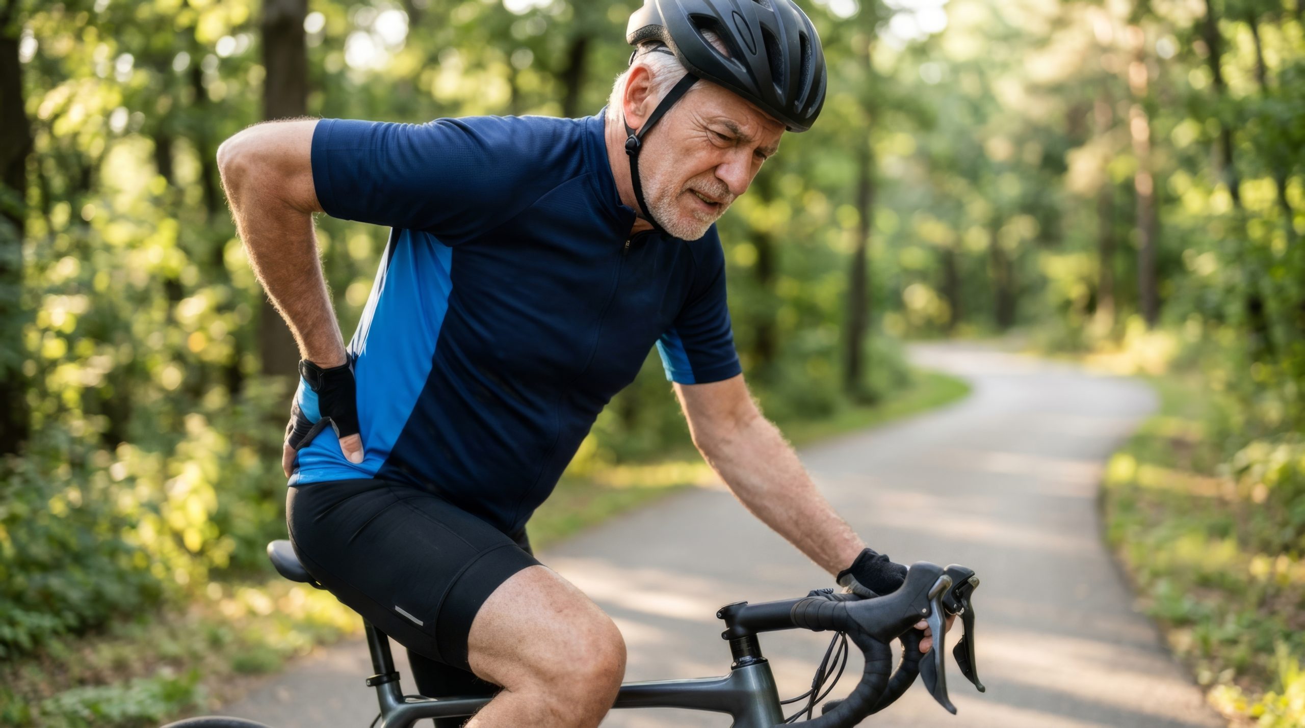An older man riding a bike while having some low back pain.