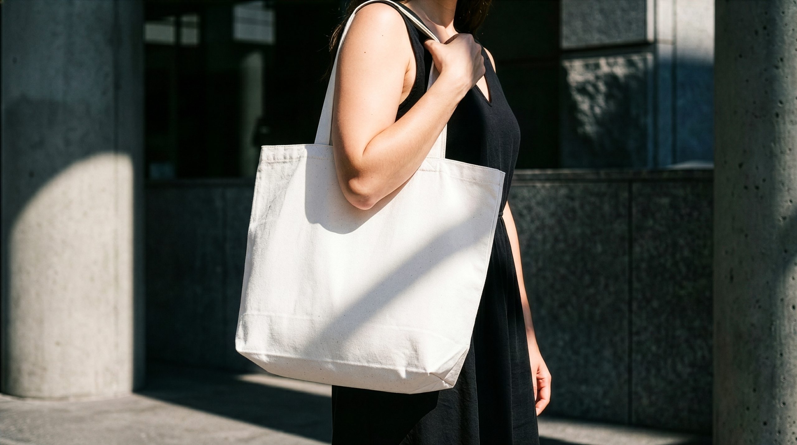 A woman wearing a black dress carries a blank white canvas tote bag in a sunny urban environment with hard shadows.